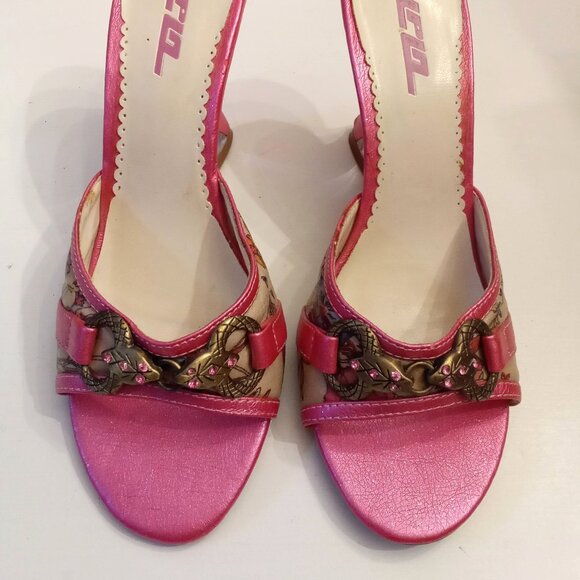 HPLA Floral Pink Glitter Shoes size 6 Open Toe Rhinestone Accent Acrylic Heels - Picture 3 of 12
